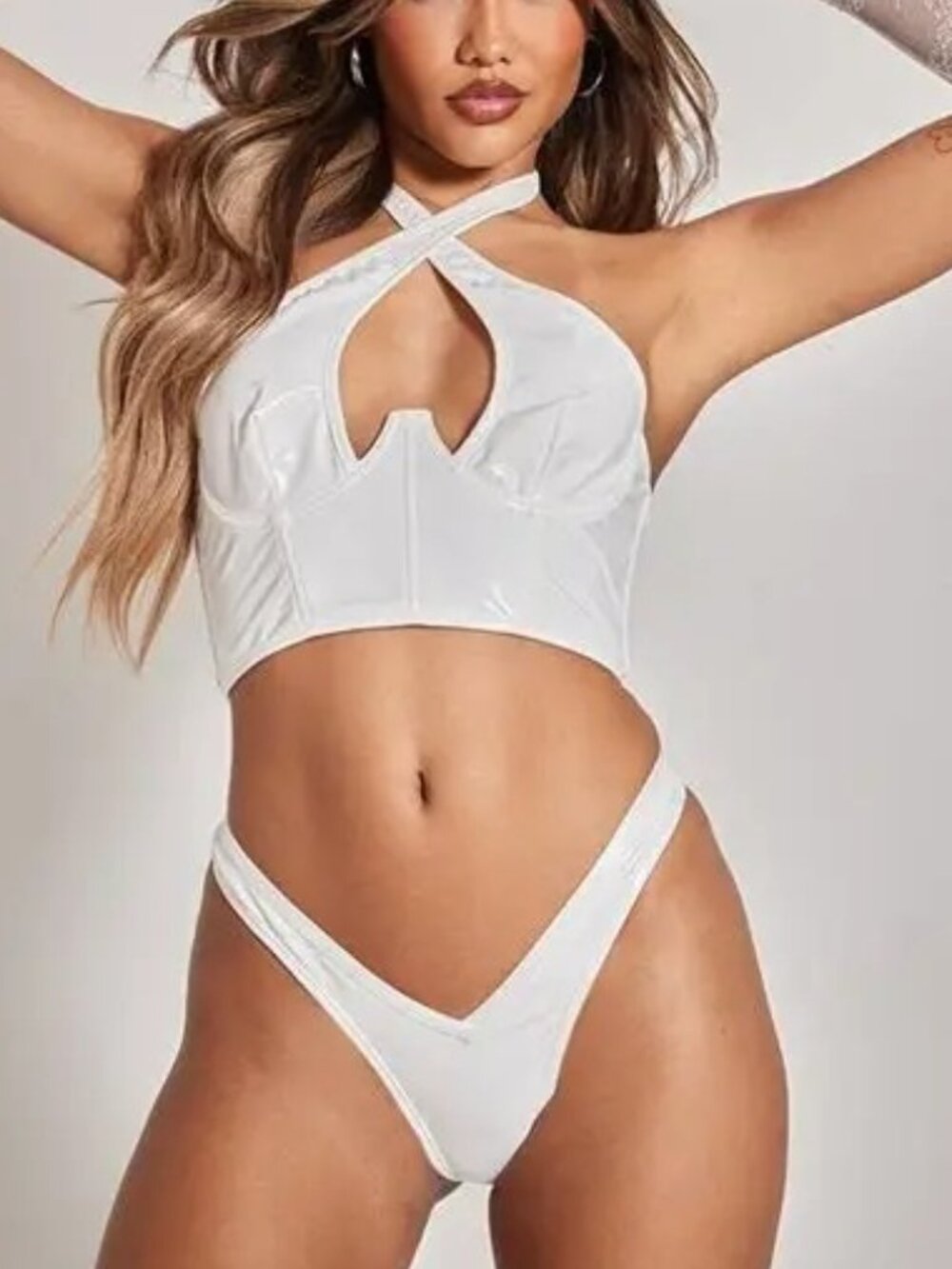 PrettyLittleThing White PVC Vinyl Cut Out Halter Underwired Lingerie Set